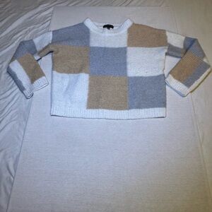 Patchwork Crewneck Sweater - White, Gray, Tan